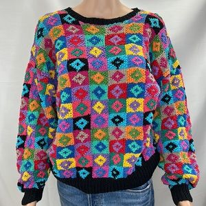 Vintage Knitted Patchwork Diamond Multicolored Pullover Sweater Cotton SZ M